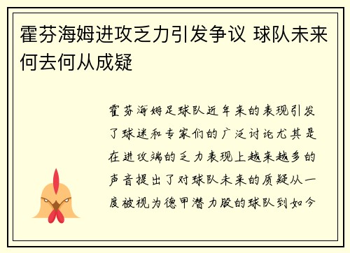 霍芬海姆进攻乏力引发争议 球队未来何去何从成疑